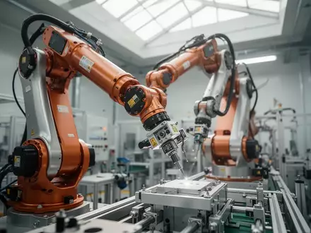 Ein moderner Industrieroboterarm in einer hochmodernen Fertigungshalle bei der Arbeit. - Foto: über boerse-global.de