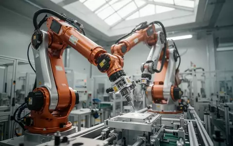 Ein moderner Industrieroboterarm in einer hochmodernen Fertigungshalle bei der Arbeit. - Foto: über boerse-global.de