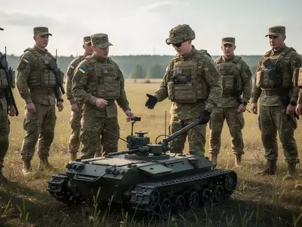 Ukrainische Soldaten unterweisen NATO-Truppen in der taktischen Nutzung von Bodenrobotern auf einem Übungsgelände. - Foto: über boerse-global.de