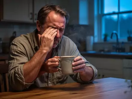 Ein müder Mann mittleren Alters sitzt in den frühen Morgenstunden an einem Holztisch und reibt sich die Augen. - Foto: über boerse-global.de