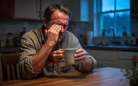 Ein müder Mann mittleren Alters sitzt in den frühen Morgenstunden an einem Holztisch und reibt sich die Augen. - Foto: über boerse-global.de