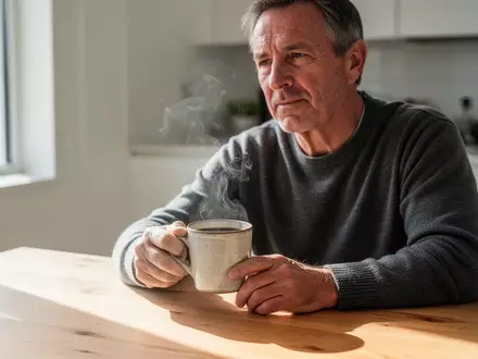 Ein Mann mittleren Alters trinkt morgens eine Tasse Kaffee an einem hellen Küchentisch. - Foto: über boerse-global.de