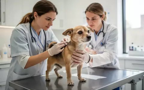 Ein Tierarzt untersucht einen Hund in einer hellen, modernen Praxis, um das Gewicht und die Gesundheit zu kontrollieren. - Foto: über boerse-global.de