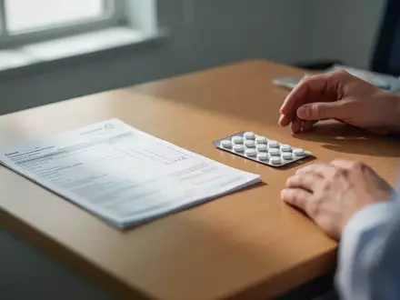 Nahaufnahme einer Medikamentenpackung mit Tabletten auf einem Schreibtisch in einer Arztpraxis bei natürlichem Licht. - Foto: über boerse-global.de