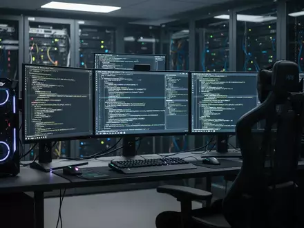 Modernes Büro mit leistungsstarkem Gaming-PC und Monitoren, die Datenströme und Code zeigen, während einer Cybersicherheitsermittlung. - Foto: über boerse-global.de