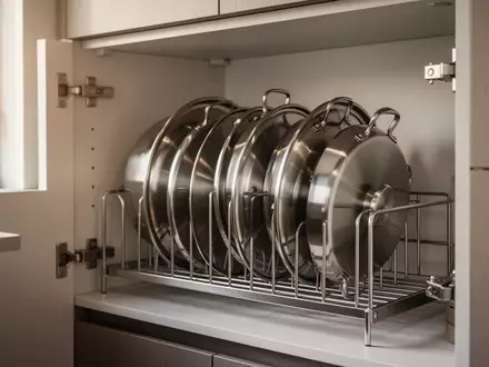 Ein ordentlich eingerichteter Küchenschrank, in dem mehrere Topfdeckel platzsparend und übersichtlich in einem Metallhalter aufgereiht sind. - Foto: über boerse-global.de