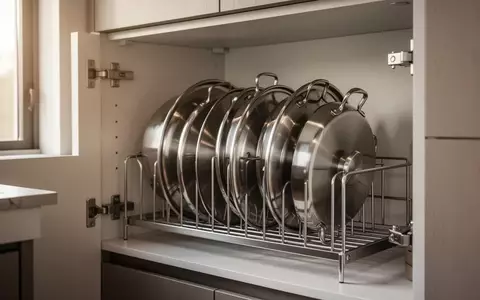 Ein ordentlich eingerichteter Küchenschrank, in dem mehrere Topfdeckel platzsparend und übersichtlich in einem Metallhalter aufgereiht sind. - Foto: über boerse-global.de