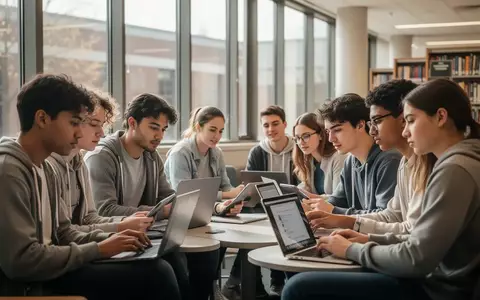 Studierende arbeiten in einer hellen Universitätsbibliothek an ihren Laptops und Tablets. - Foto: über boerse-global.de