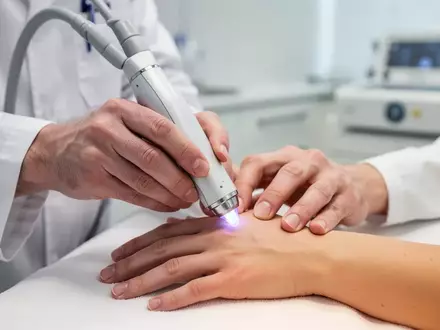 Dermatologe bei einer Laserbehandlung von Hautveränderungen an der Hand einer Patientin in einer modernen Arztpraxis. - Foto: über boerse-global.de