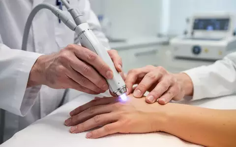 Dermatologe bei einer Laserbehandlung von Hautveränderungen an der Hand einer Patientin in einer modernen Arztpraxis. - Foto: über boerse-global.de
