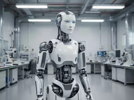 Ein hochmoderner humanoider Roboter steht in einem hellen, minimalistischen Forschungslabor. - Foto: über boerse-global.de