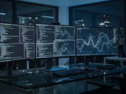 Ein moderner Arbeitsplatz mit Monitoren, die abstrakte Datenströme und Programmcode in einem abgedunkelten Büro zeigen. - Foto: über boerse-global.de