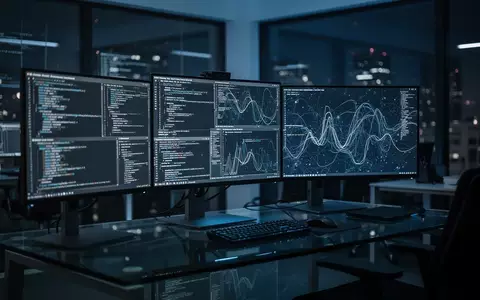 Ein moderner Arbeitsplatz mit Monitoren, die abstrakte Datenströme und Programmcode in einem abgedunkelten Büro zeigen. - Foto: über boerse-global.de
