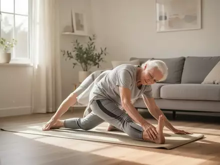 Eine ältere Person führt in einem hellen, freundlichen Wohnzimmer achtsame Dehnübungen auf einer Yogamatte aus. - Foto: über boerse-global.de
