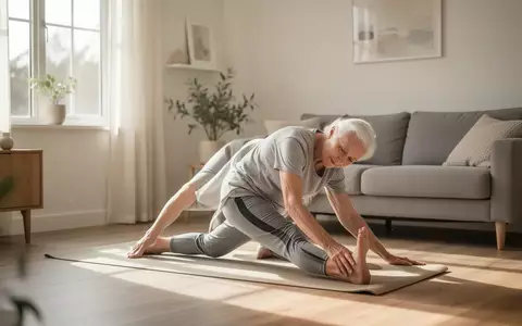 Eine ältere Person führt in einem hellen, freundlichen Wohnzimmer achtsame Dehnübungen auf einer Yogamatte aus. - Foto: über boerse-global.de