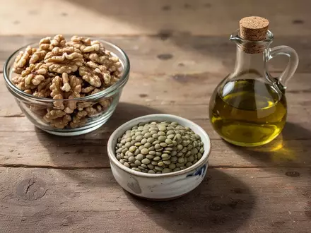 Eine Auswahl aus Walnüssen, Linsen und Olivenöl auf einem rustikalen Holztisch als Symbol für eine herzgesunde Ernährung. - Foto: über boerse-global.de