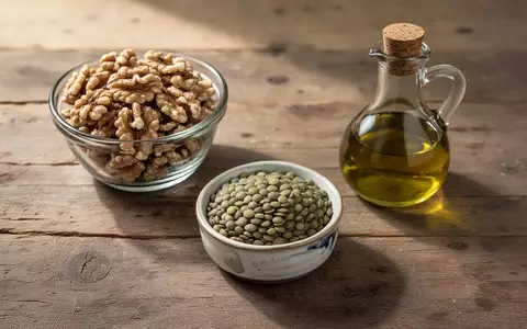 Eine Auswahl aus Walnüssen, Linsen und Olivenöl auf einem rustikalen Holztisch als Symbol für eine herzgesunde Ernährung. - Foto: über boerse-global.de