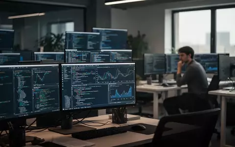 Ein moderner, ruhig gehaltener Büroarbeitsplatz mit komplexen Datenvisualisierungen auf den Bildschirmen. - Foto: über boerse-global.de