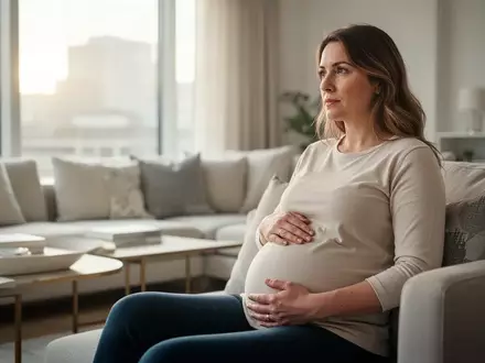 Schwangere Frau sitzt entspannt in einem hellen Wohnzimmer und hält ihre Hand auf den Bauch. - Foto: über boerse-global.de
