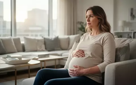 Schwangere Frau sitzt entspannt in einem hellen Wohnzimmer und hält ihre Hand auf den Bauch. - Foto: über boerse-global.de