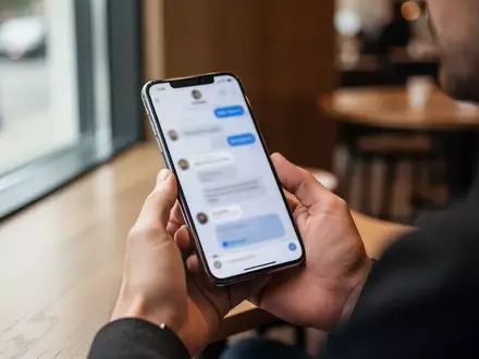 Person hält ein Smartphone in einem modernen Café und nutzt eine Messenger-App. - Foto: über boerse-global.de