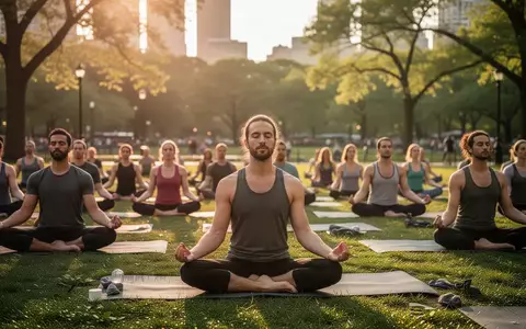 Eine Gruppe von Menschen praktiziert gemeinsam Yoga und Achtsamkeitsübungen auf einer grünen Wiese in einem öffentlichen Park. - Foto: über boerse-global.de