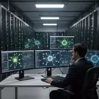 Ein moderner Serverraum mit blinkenden Server-Racks und ein Datenanalyst, der komplexe KI-Strukturen auf Bildschirmen prüft. - Foto: über boerse-global.de