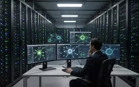 Ein moderner Serverraum mit blinkenden Server-Racks und ein Datenanalyst, der komplexe KI-Strukturen auf Bildschirmen prüft. - Foto: über boerse-global.de