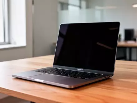 Ein aufgeklapptes MacBook Pro auf einem minimalistischen Schreibtisch in einem hellen, modernen Büro. - Foto: über boerse-global.de