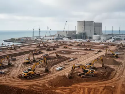 Große Baustelle für die Vorbereitungen eines Kernkraftwerks mit Erdarbeiten und schwerem Gerät auf einem weitläufigen Gelände. - Foto: über boerse-global.de
