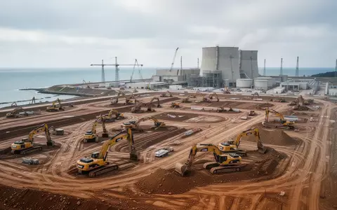 Große Baustelle für die Vorbereitungen eines Kernkraftwerks mit Erdarbeiten und schwerem Gerät auf einem weitläufigen Gelände. - Foto: über boerse-global.de