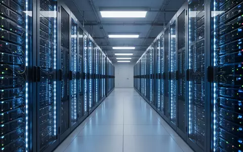 Ein moderner Serverraum mit blau beleuchteten Rack-Reihen in einem Rechenzentrum. - Foto: über boerse-global.de