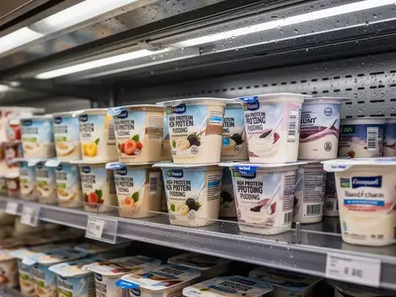 Kühlregal mit verschiedenen Joghurt- und Puddingbechern in einem Supermarkt. - Foto: über boerse-global.de