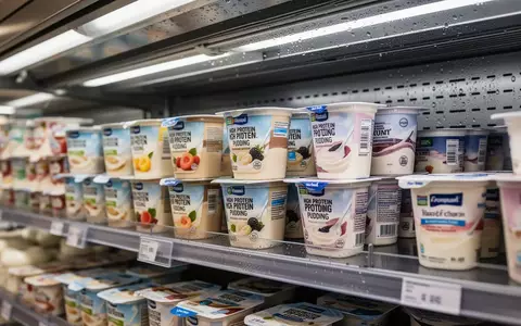 Kühlregal mit verschiedenen Joghurt- und Puddingbechern in einem Supermarkt. - Foto: über boerse-global.de