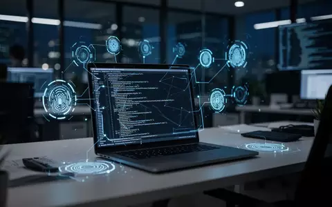 Ein beleuchteter Laptop in einem dunklen Büro, der abstrakte Sicherheitscodes und biometrische Daten anzeigt. - Foto: über boerse-global.de