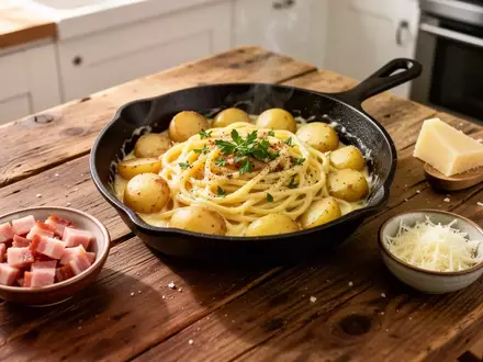 Eine Kartoffel-Carbonara in einer gusseisernen Pfanne auf einem Holztisch mit Speck und Parmesan. - Foto: über boerse-global.de