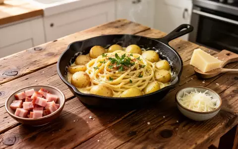 Eine Kartoffel-Carbonara in einer gusseisernen Pfanne auf einem Holztisch mit Speck und Parmesan. - Foto: über boerse-global.de