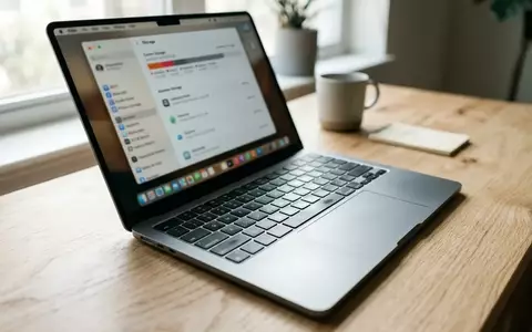 Ein moderner Laptop auf einem minimalistischen Schreibtisch, der in den Systemeinstellungen Speicherplatz anzeigt. - Foto: über boerse-global.de