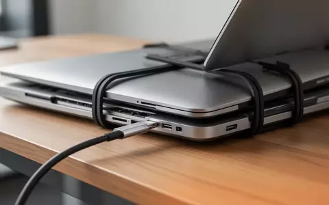 Zwei aufeinander gestapelte MacBook Pro Laptops auf einem Schreibtisch, die mit Gummibändern und einem Kabel verbunden sind. - Foto: über boerse-global.de