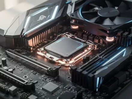 Nahaufnahme eines modernen Computer-Mainboards mit beleuchteten Hardware-Komponenten und Kühlsystemen. - Foto: über boerse-global.de