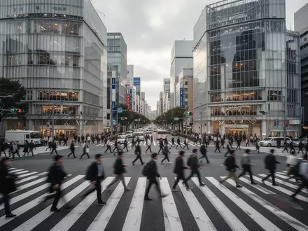 Belebte Straßenkreuzung im Geschäftsviertel von Tokio bei bewölktem Tageslicht. - Foto: über boerse-global.de