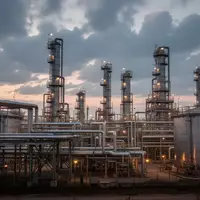 Industrielle Raffinerieanlagen bei Dämmerung mit komplexen Rohrleitungen und Speichertanks vor einem bewölkten Himmel. - Foto: über boerse-global.de