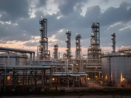 Industrielle Raffinerieanlagen bei Dämmerung mit komplexen Rohrleitungen und Speichertanks vor einem bewölkten Himmel. - Foto: über boerse-global.de
