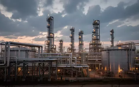 Industrielle Raffinerieanlagen bei Dämmerung mit komplexen Rohrleitungen und Speichertanks vor einem bewölkten Himmel. - Foto: über boerse-global.de