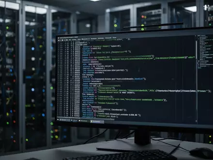 Ein verschwommener Serverraum im Hintergrund mit einem im Fokus stehenden Bildschirm, der komplexen Programmcode zeigt. - Foto: über boerse-global.de