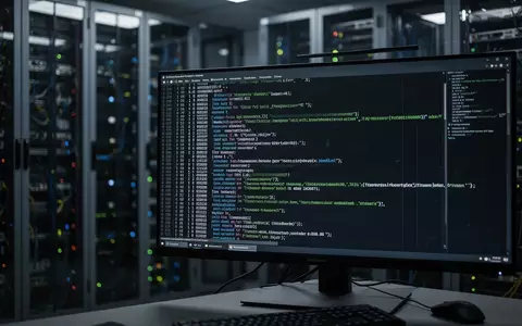 Ein verschwommener Serverraum im Hintergrund mit einem im Fokus stehenden Bildschirm, der komplexen Programmcode zeigt. - Foto: über boerse-global.de