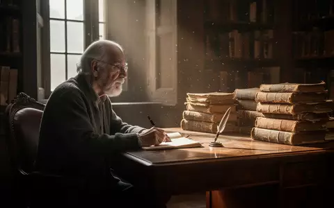 Ein nachdenklicher Philosoph sitzt an einem antiken Schreibtisch in einer Bibliothek voller Bücher, beleuchtet von sanftem Tageslicht. - Foto: über boerse-global.de