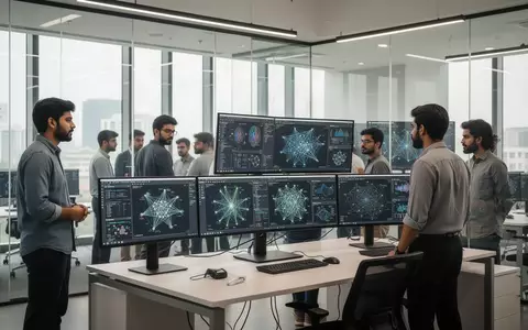 Moderne Arbeitsumgebung in einem Technologiezentrum für künstliche Intelligenz mit Bildschirmen und Software-Entwicklern. - Foto: über boerse-global.de