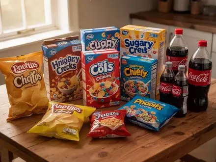 Verschiedene verpackte, hochgradig industriell verarbeitete Lebensmittel und zuckerhaltige Snacks auf einem Holztisch. - Foto: über boerse-global.de