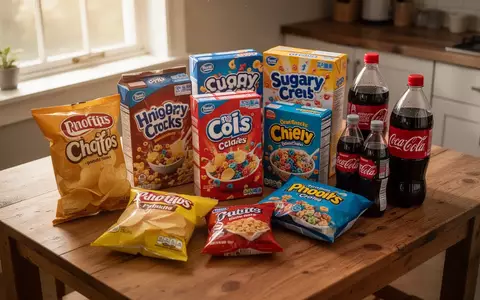 Verschiedene verpackte, hochgradig industriell verarbeitete Lebensmittel und zuckerhaltige Snacks auf einem Holztisch. - Foto: über boerse-global.de